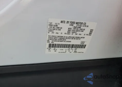 2015 Ford Explorer Xlt из США, поврежденный, VIN 1FM5K8D88FGC55585